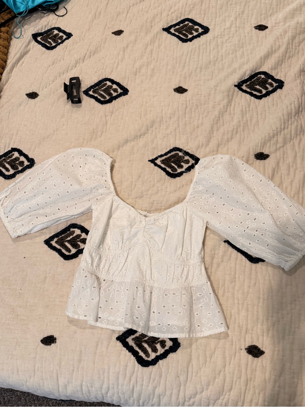 a new day White Eyelet Puff-Sleeve Peplum Blouse